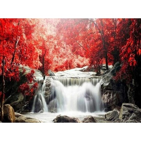 Red Trees & Waterfall Diamond Painting