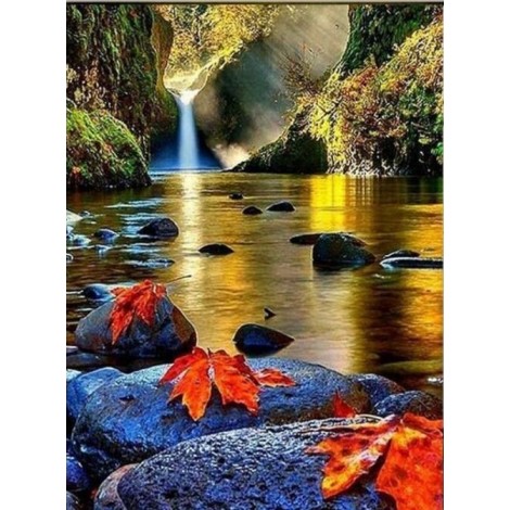 Waterfall & Maple Leaves on Rocks