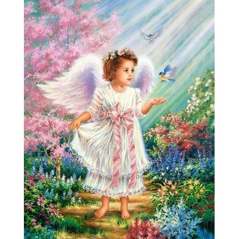 Cute angel Girl & Sparrows in Garden