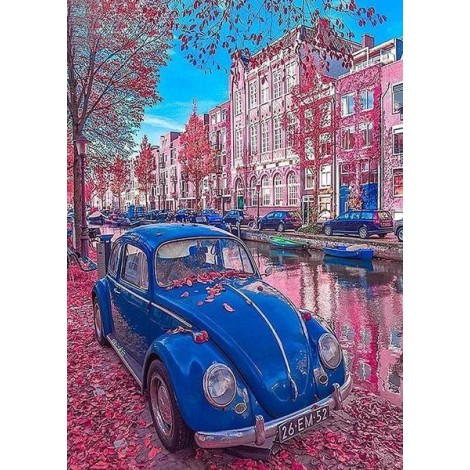 Blue Car & Rain of Pink Flowers