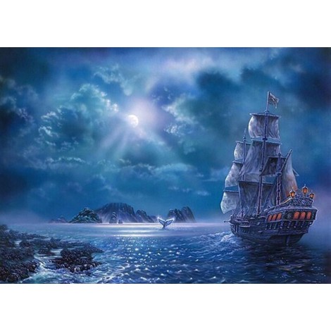 Ship in Ocean at Night