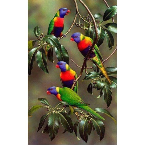 Colorful Parrots on Tree Branches