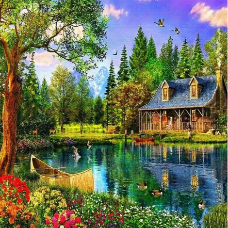 Lake Side House Diamond Painting