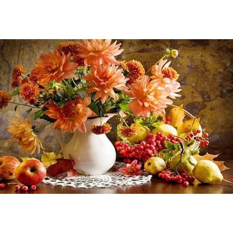 Pears, Apples & Floral Vase